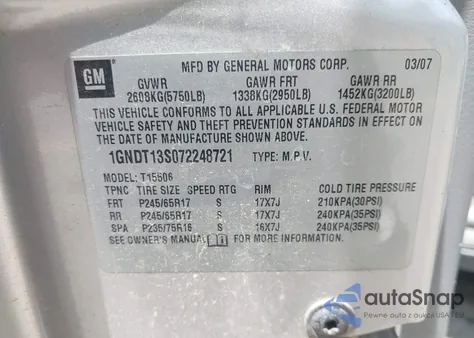 2007 Chevrolet Trailblazer Ls из США, поврежденный, VIN 1GNDT13S072248721